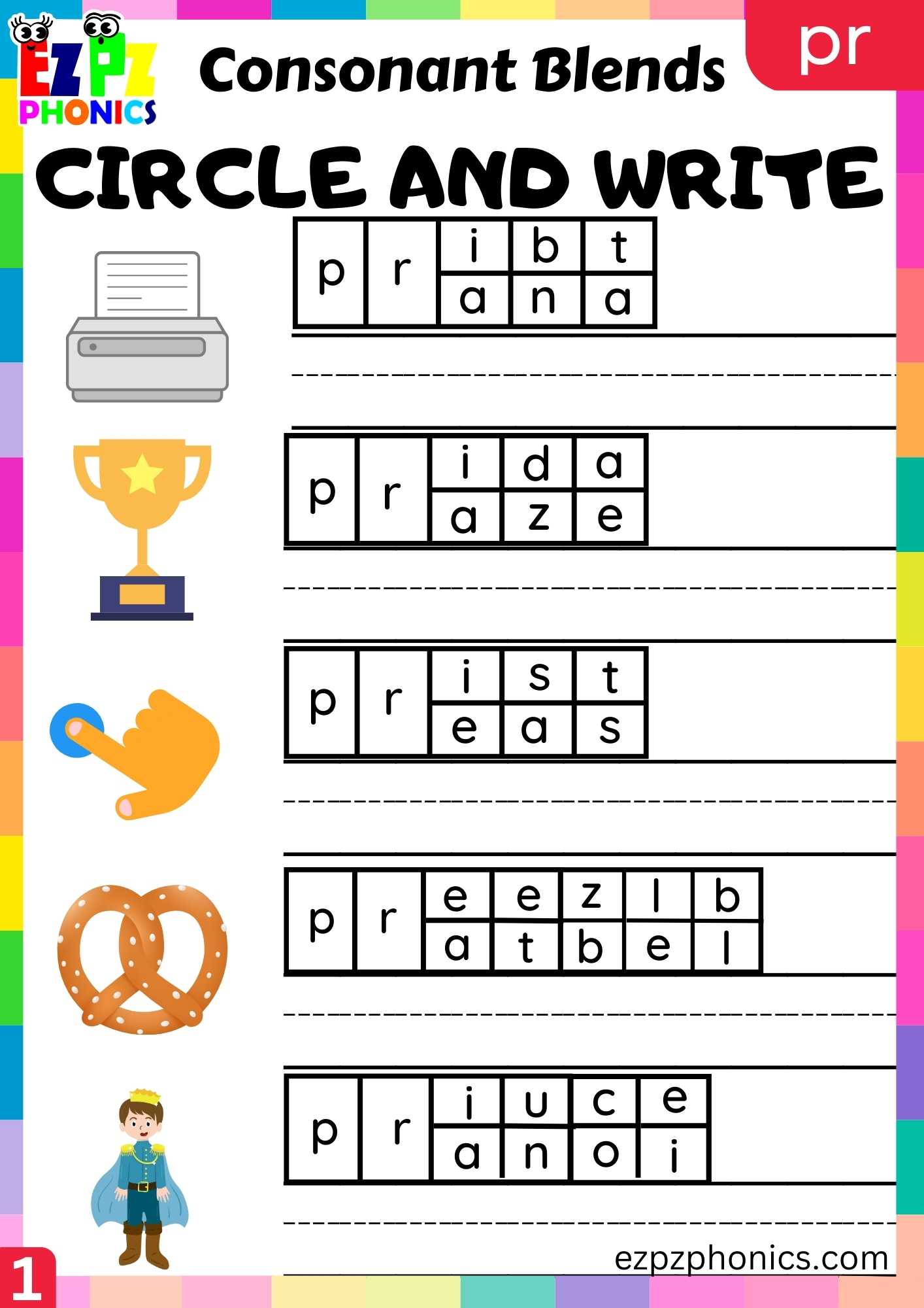 Group1 PR Words Circle And Write Phonics Consonant Blends Worksheet